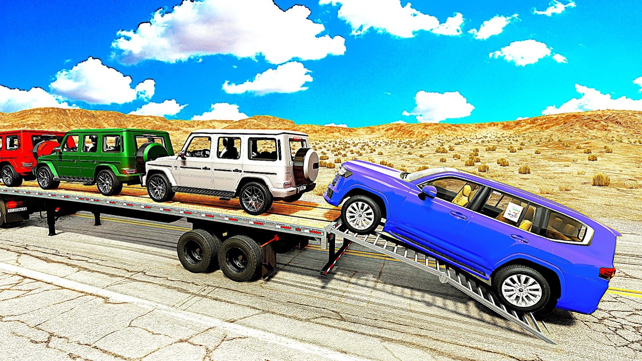 Four Trucks Transporting cars with Flatbed Trailers | Cars vs Speedbump vs Train vs Pothole #000