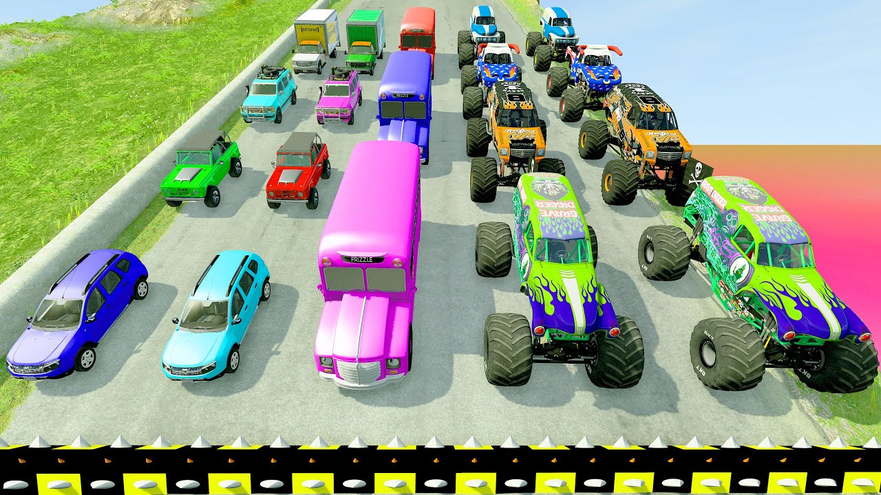 HT Gameplay Official - Monster Trucks Series vs Autos De Colores Massive Strip Spikes With Water Pit