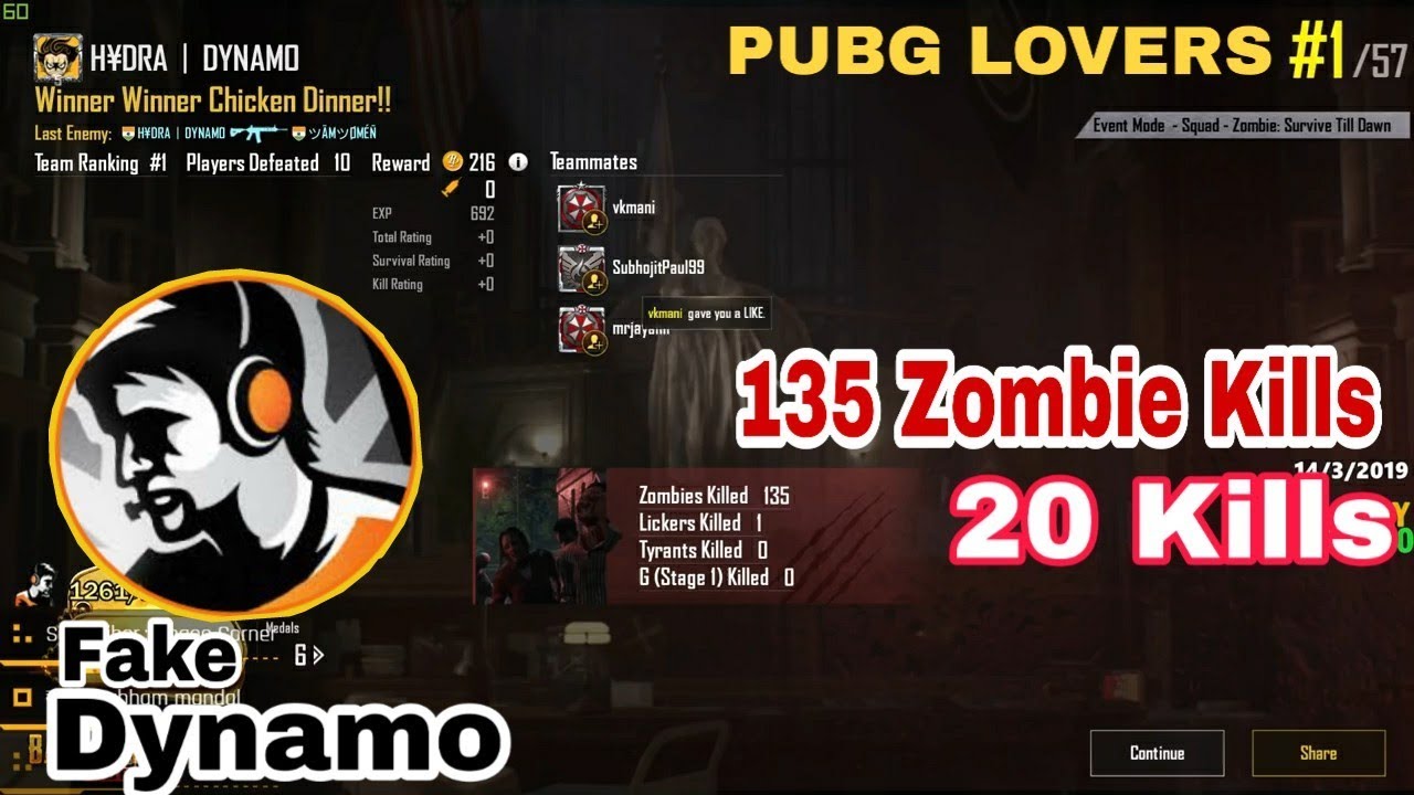 Hydra Dynamo | PubG Lovers #1 | World Record | 20 Kills + 135 Zombie Kills | Dynamo Gaming
