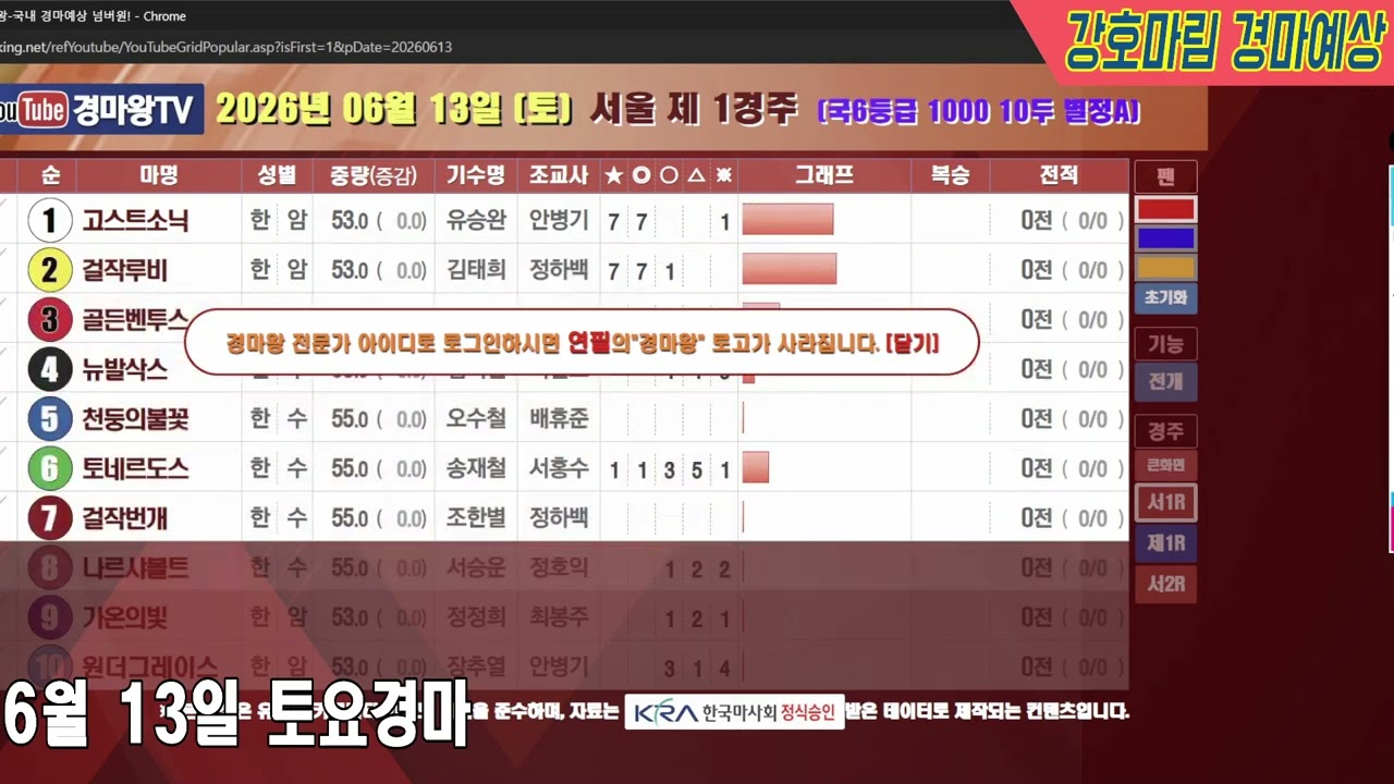 2026 년 6 월 13일 토요경마예상