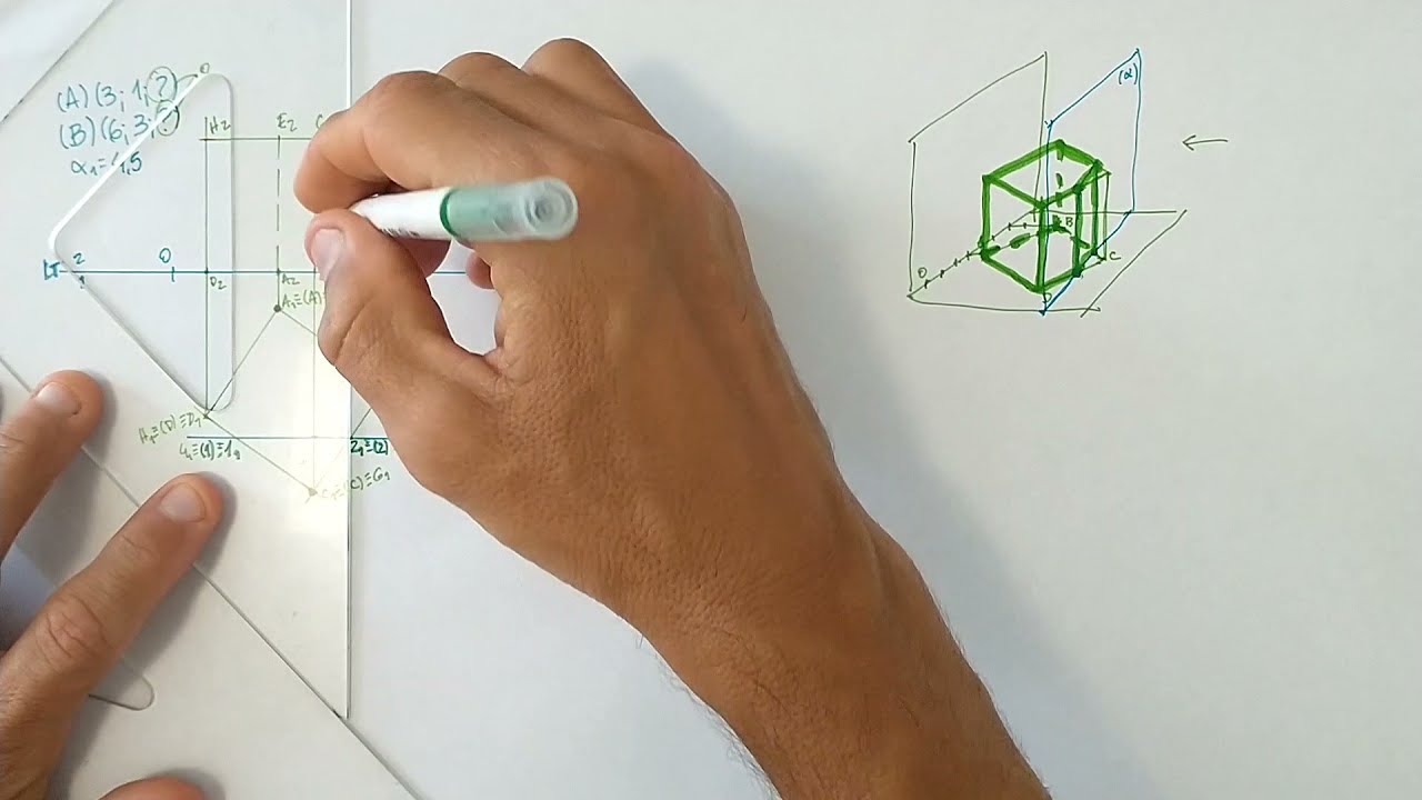 Épura de hexaedro regular com face apoiada no PHp seccionado por plano frontal