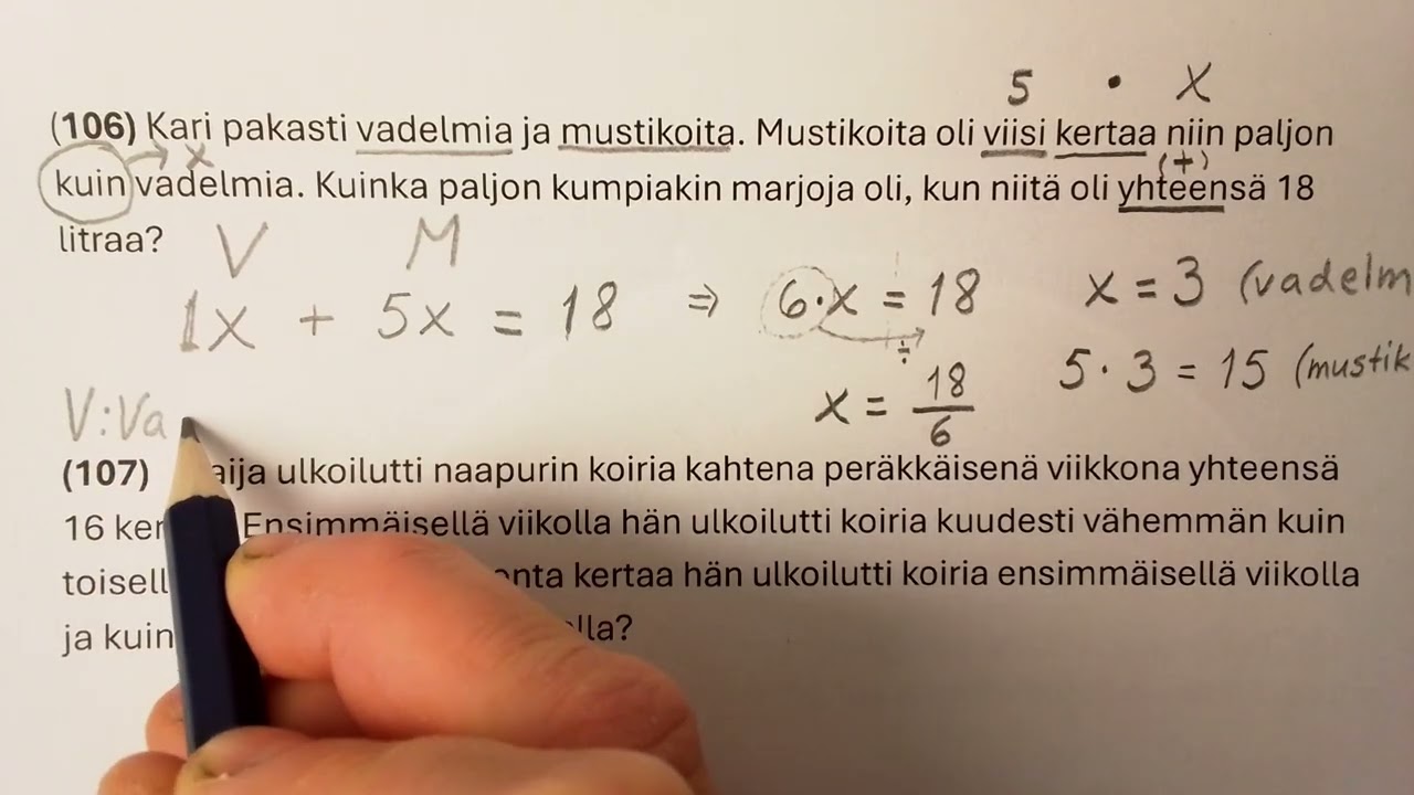 Sanalliset tehtävät yhtälöiksi ja yhtälön ratkaiseminen