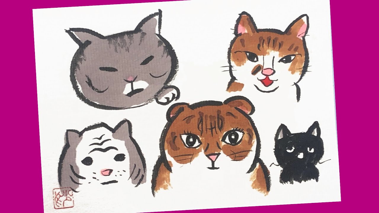 絵手紙妙華 簡単 初心者4分 猫の絵手紙の描き方 かわいい猫の和風イラスト 3月 4月 冬の絵手紙 春の絵手紙 ハガキ絵 一筆画 Youtube