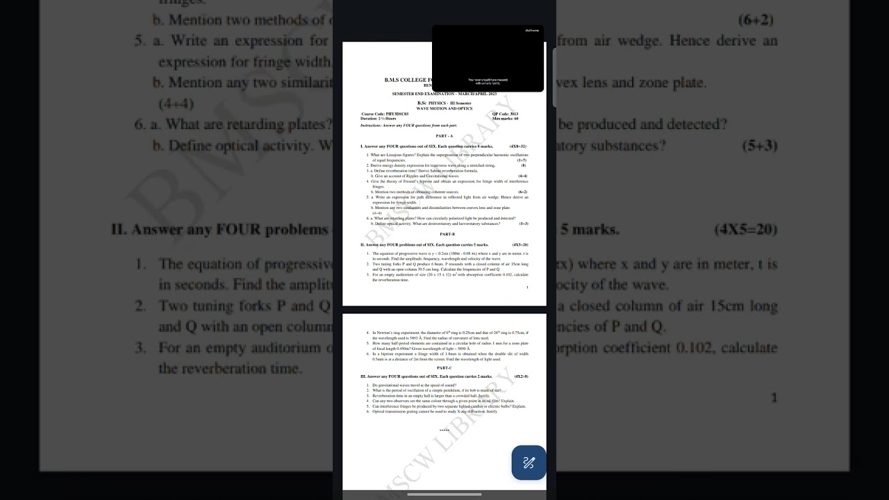 BMSCW 3RD SEM BSC WAVE MOTION & OPTICS QUESTION PAPER 2023
