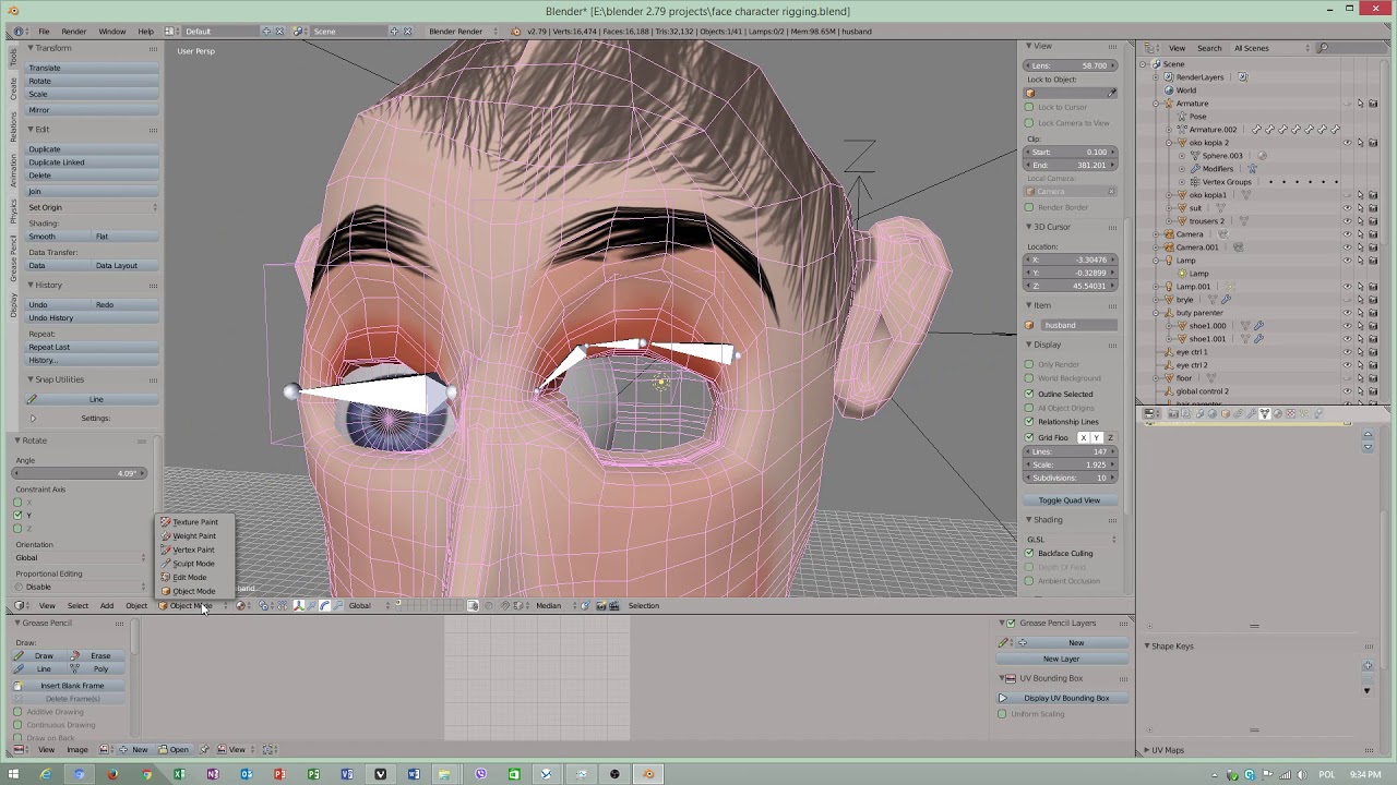 face character rigging in Blender 2.79 - using weight tools tutorial EN ...