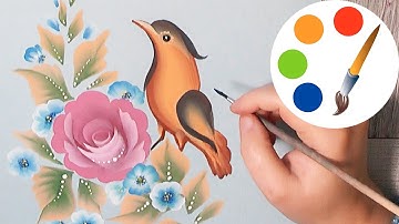 Paint a bird with rose, One Stroke for beginners, easy&simple