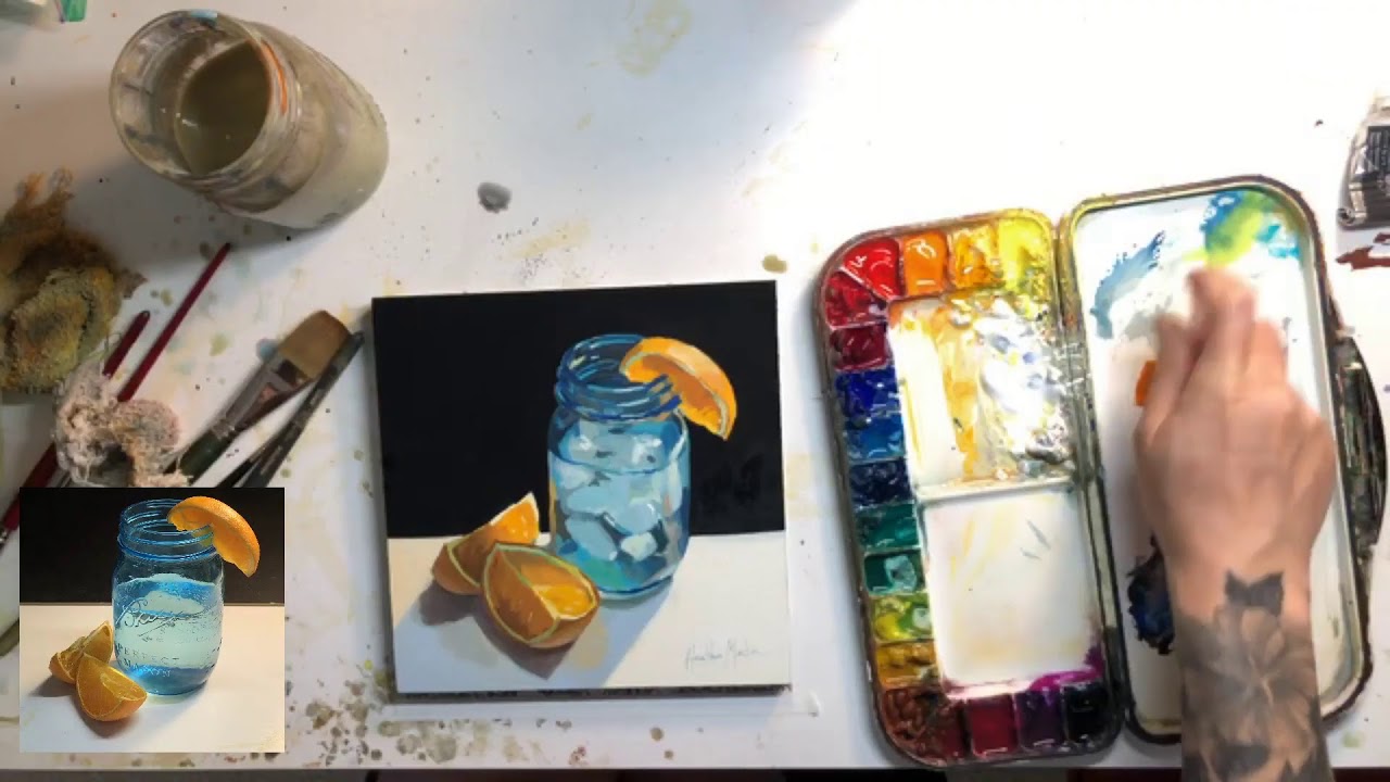 Oranges in a Blue Jar - Gouache Painting - LIVESTREAM