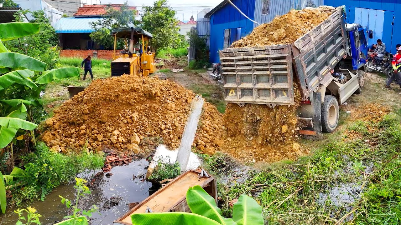 Great Job First Start Project Removal Clearing Trash Grass & Push Stone Into Water & Dump Trucks