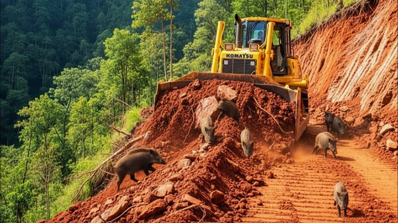 Bulldozer Fighting Tough Terrain While Building Steep Mountain Road in ...
