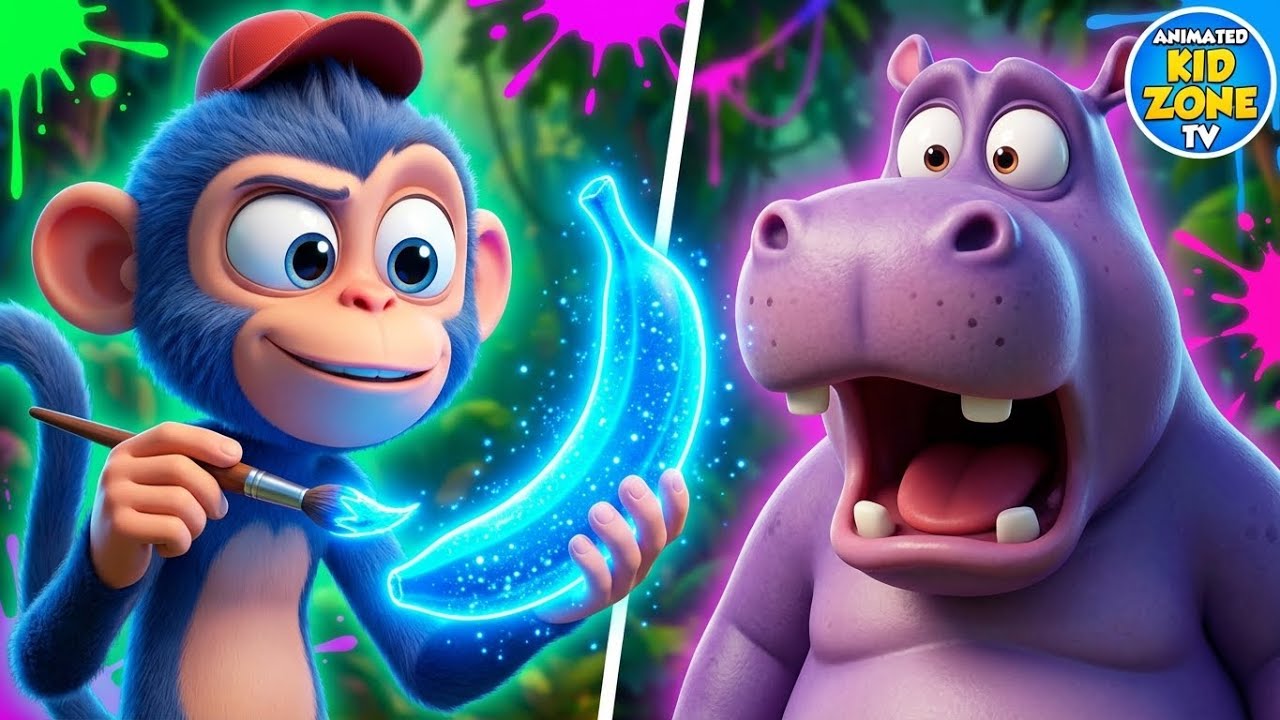 OH NO! Monkey Paints Hippo BLUE! 🎨🍌 Magic Paintbrush Gone Wrong! Funny Cartoon for Kids