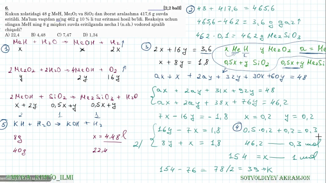 KIMYO MILLIY SERTIFIKAT 3-VARIANT 6-10-MASALA YECHIMI🔻 Kanalga obuna boʻlish ☑️ @MEGA_KIMYO_ILMI