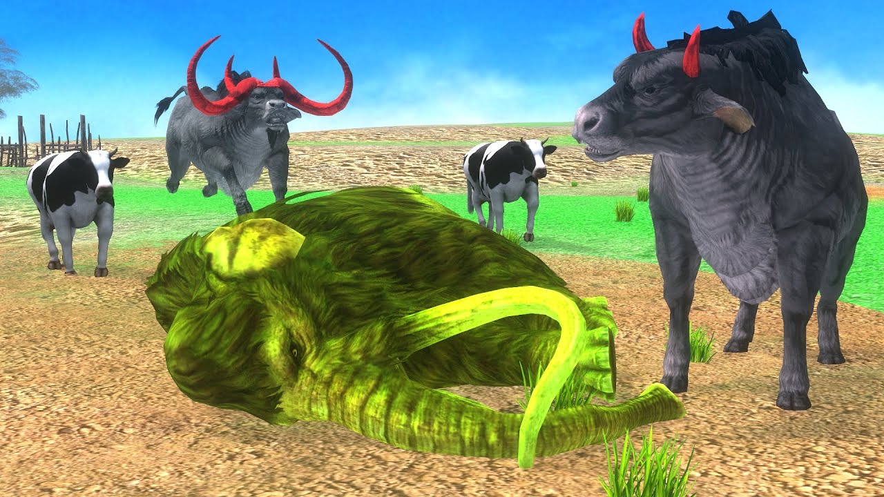 Cow Cartoon and 5 Giant Buffalos vs 5 Mammoth Elephant turns into Zombie Mammoth Fight for Territory