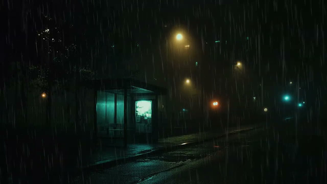Lonely Bus Station at Night 🌧️ Dark Heavy Rain for Insomnia & Stress Relief
