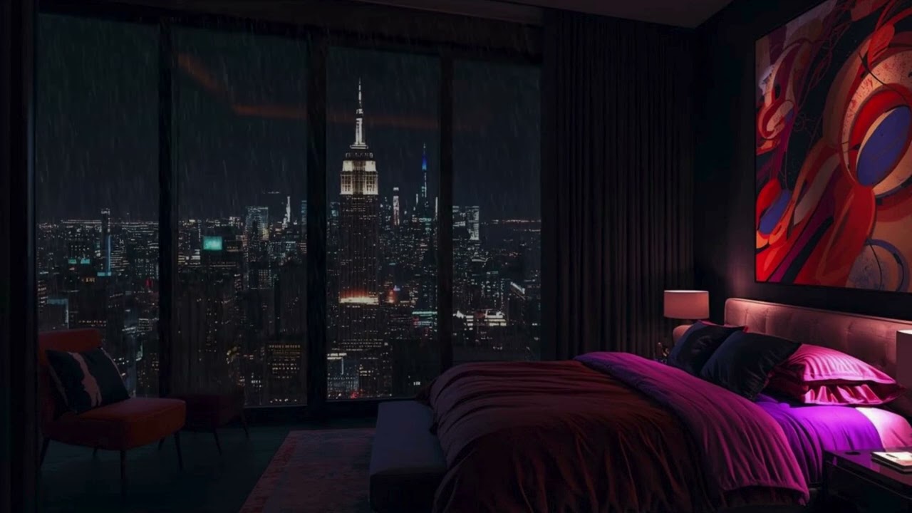 Rain for Sleep - Luxury Apartment Night View Of New York City In Light Rain |  Relaxing Rain Sounds