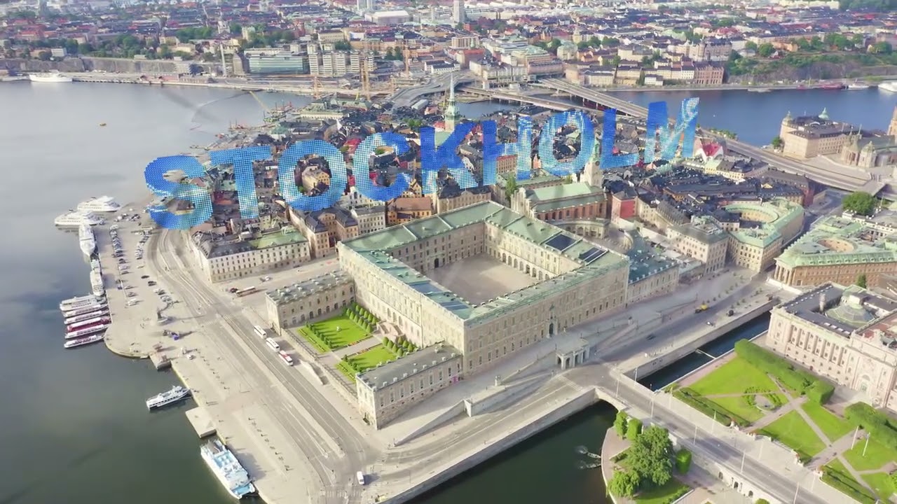Inscription on video. Stockholm, Sweden. Royal Palace in Stockholm. Kungliga slottet. Aerial view. T