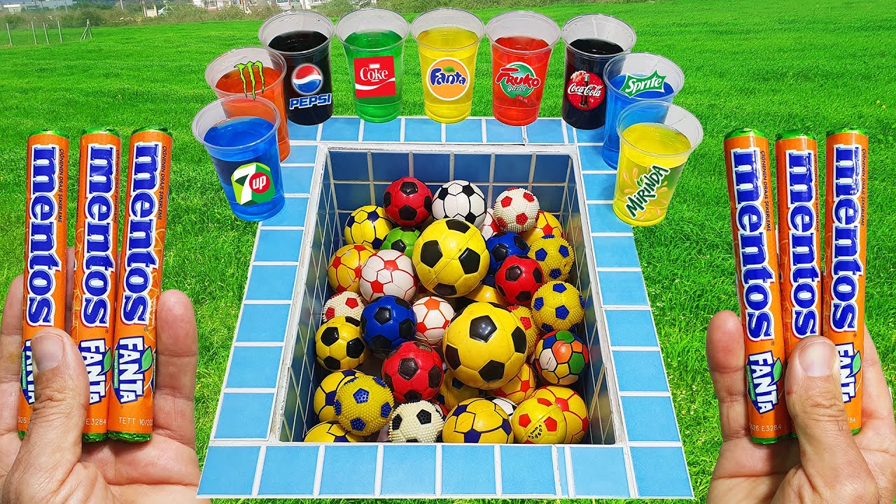 Football VS Coca Cola of Fanta vs Popular Sodas! Colorful sugars Pepsi Pepsi And Mentos İn The Pool