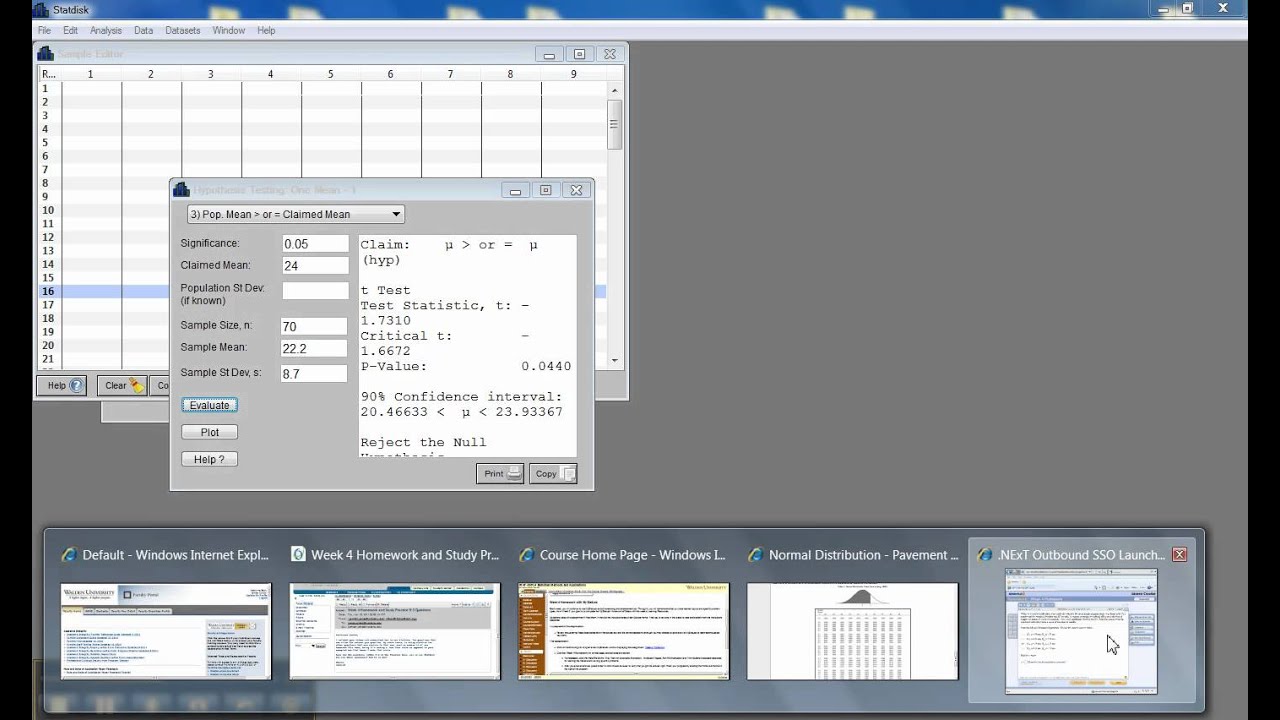 One-Sample-Mean Hypothesis Test With Statdisk (2) - YouTube