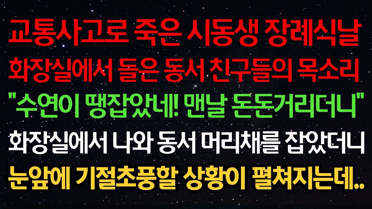 실화사연-교통사고로 죽은 시동생 장례식 화장실에서 들은 동서친구들의 목소리“수연이 땡잡았네! 맨날 돈돈거리더니“ 화장실에서 나와 동서 머리채를 잡았더니 기절초풍할 상황이 펼쳐지는데