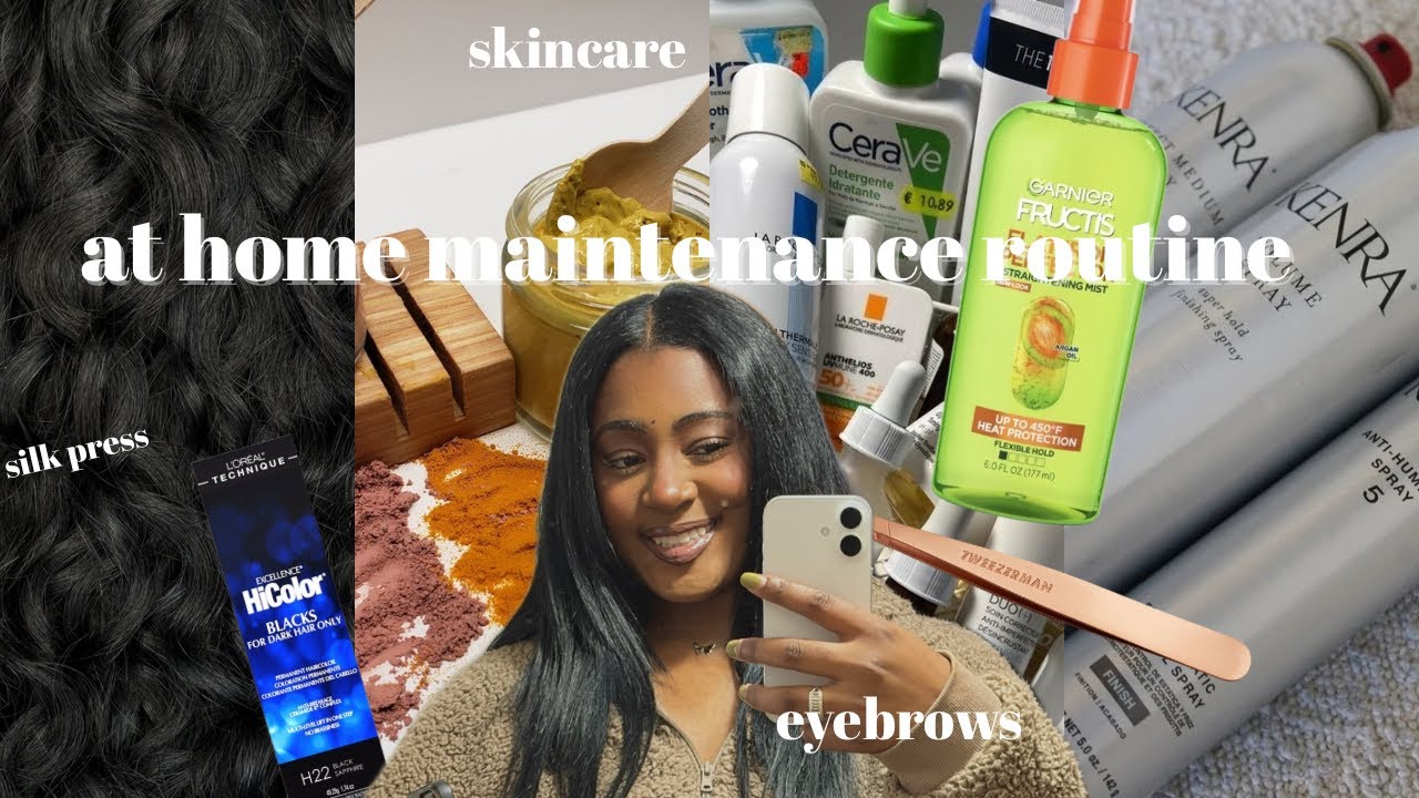 do my *at home* maintenance with me 🤎 hair, silk press, skincare, eyebrows and more!