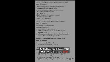 Ap 9th Class (FA-1) Exams 2025 Maths V.imp Question Paper |