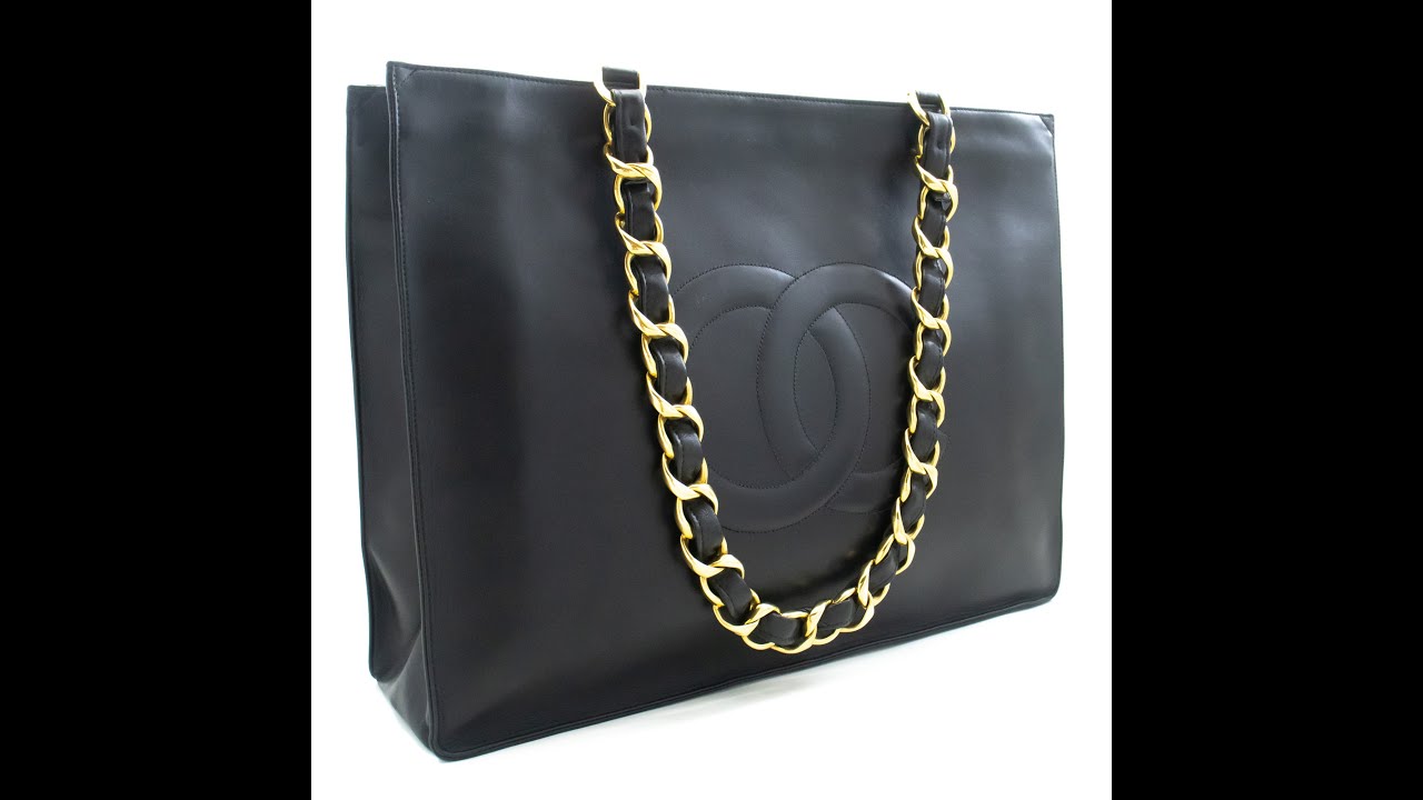 CHANEL Jumbo Large Big Chain Shoulder Bag Black Lambskin Leather L86