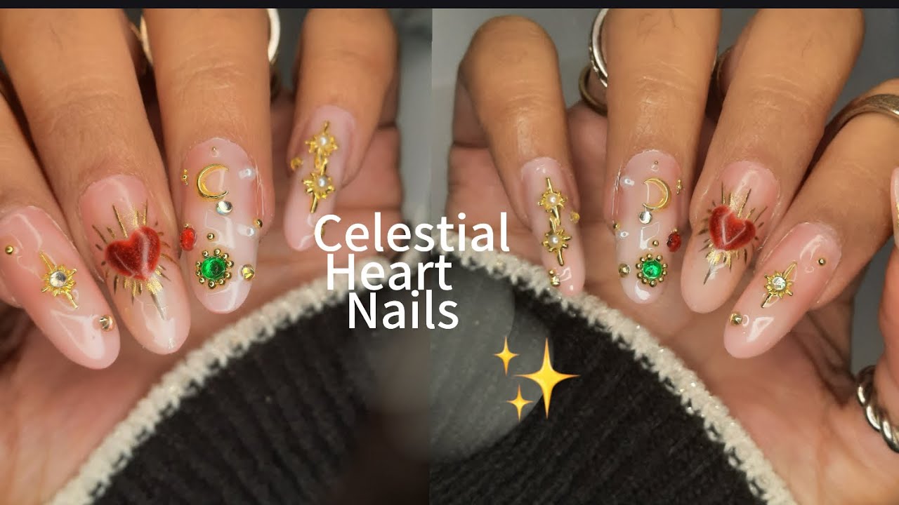 Ногти «Небесное сердце» ❤️ ✨️ Украшены драгоценностями | Пробуем метод «кокон», нанесение полигеля