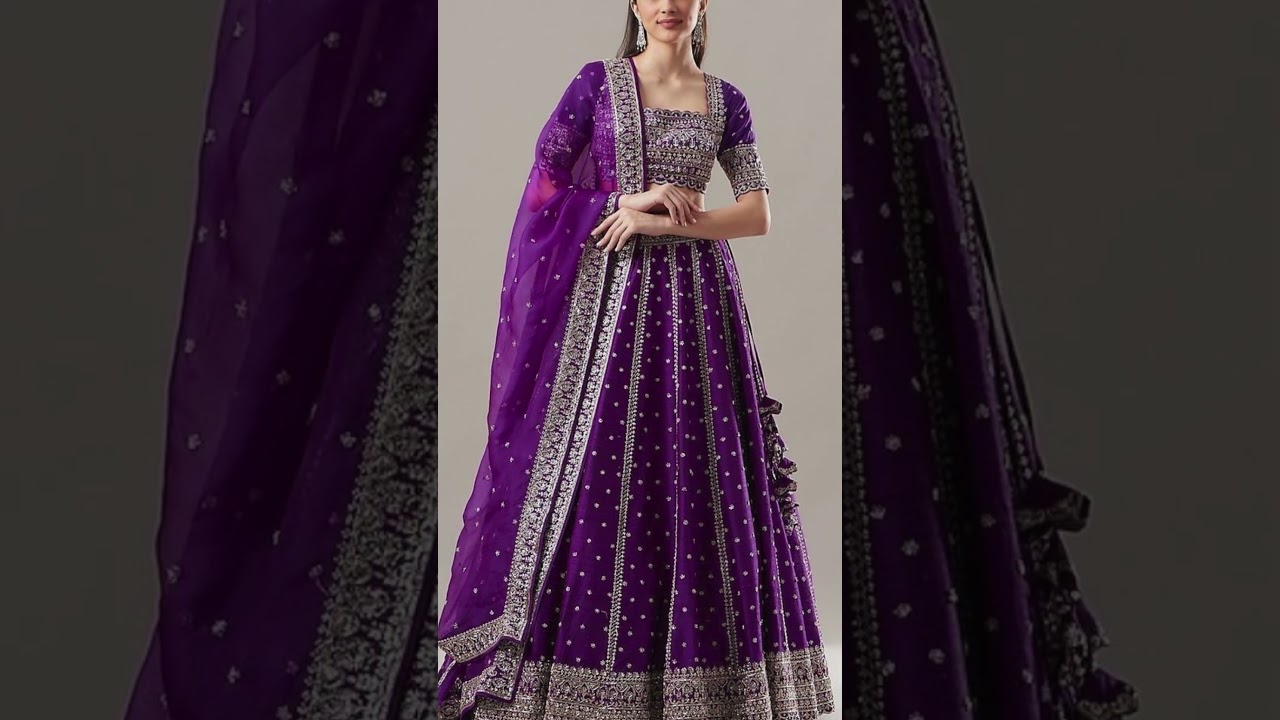 Новейший дизайн лехенга фиолетового цвета для девочек 2025 года