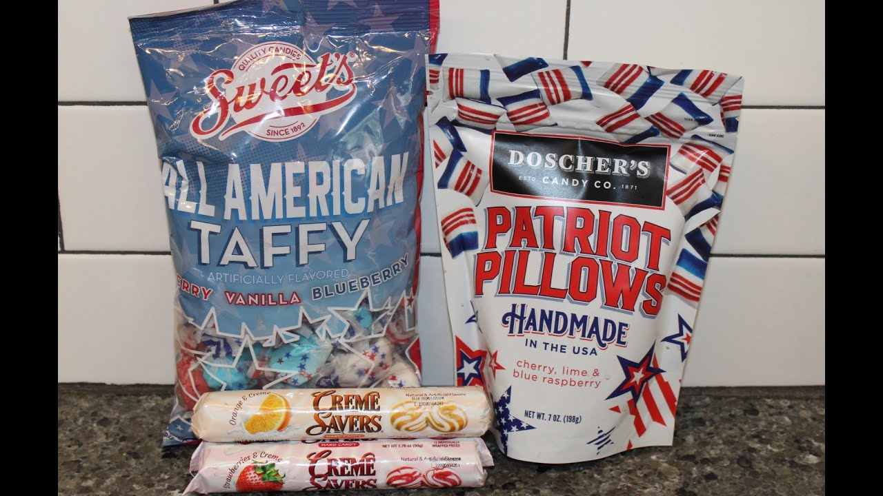 Crème Savers: Orange & Strawberries, Sweet’s All-American Taffy, Doscher’s Candy Co. Patriot Pillows