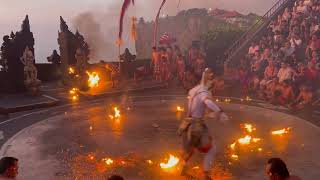 Uluwatu Kecak Fire Dance- Monkey hero Hanuman,amid burning coconut husk creating a dramatic fire act