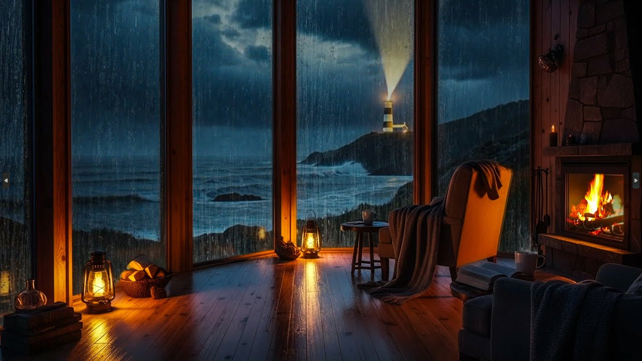 No Ads 🌌 Coastal Lighthouse Storm | Rain, Distant Thunder, Rolling Wave & Fireplace For Deep Sleep