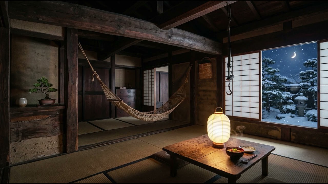 Deep Sleep Cabin Winter Light – Lantern Glow, Moonlit Wood & Quiet Falling Snow