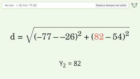 Find the distance between two points p1 (-26,54) and p2 (-77,82): Step-by-Step Video Solution