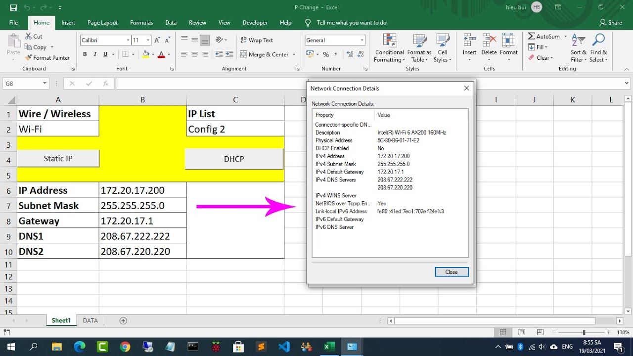 how to set a static ip address using Excel