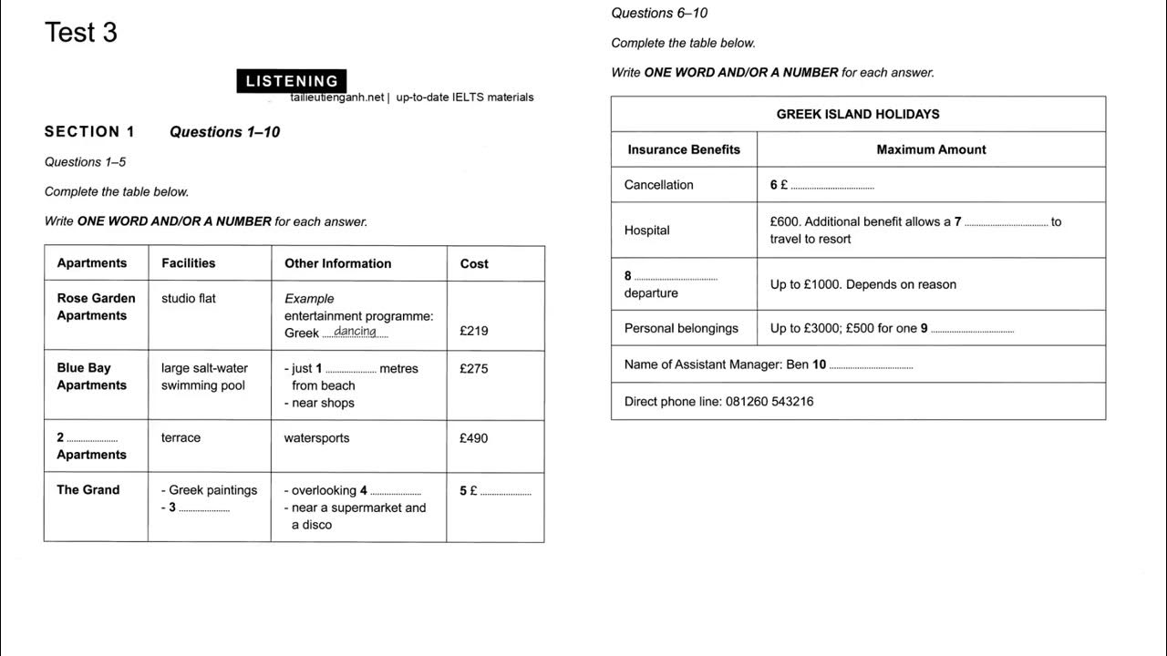 Apartments Facilities Other Information Cost IELTS LISTENING TEST