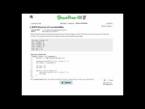 Exercise 4.9 (evenSumMax) Java Tutorial || Practice-It