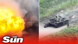 Russian tank EXPLODES in a ball of flame as Ukrainian forces strike