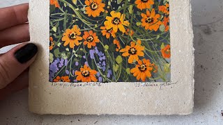 Painting tutorial of orange flowers, calendula, gouache on handmade paper // paint with me ?