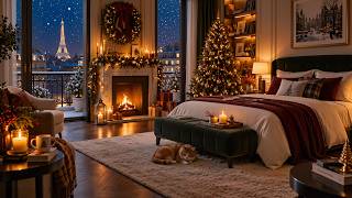 Christmas Jazz in Paris 🎄 Warm Fireplace & Candlelit Bedroom 🎹 Soft Piano & Sax for Sleep screenshot 5