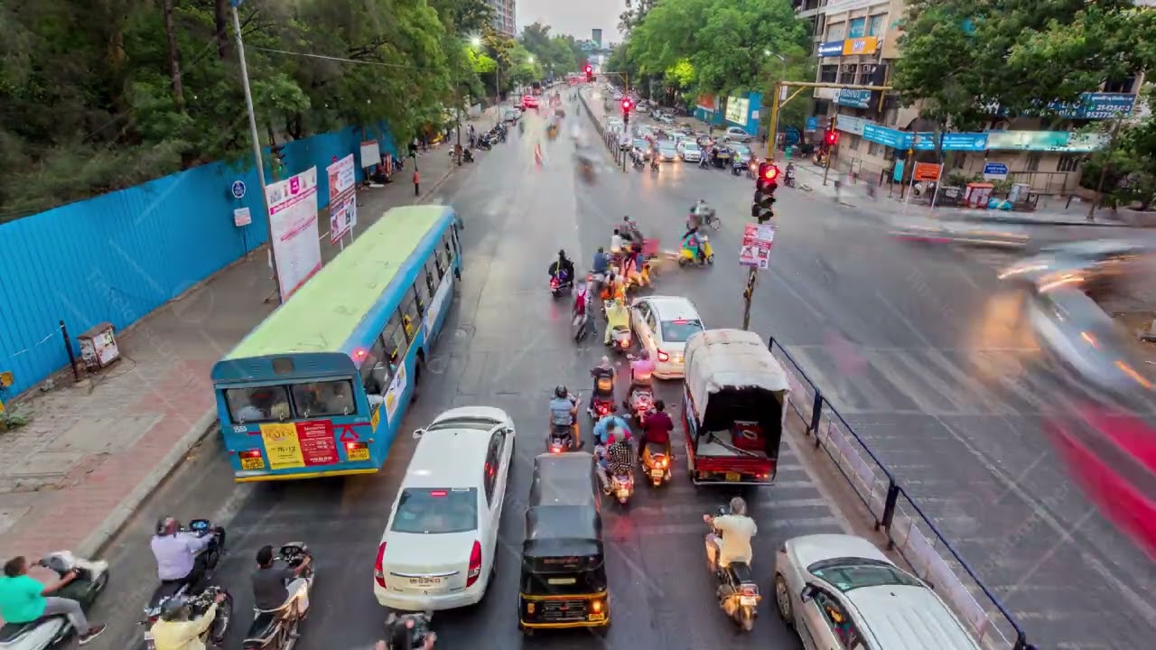 Long exposure traffic time lapse on a traffic junction at evening time in City of Pune, India