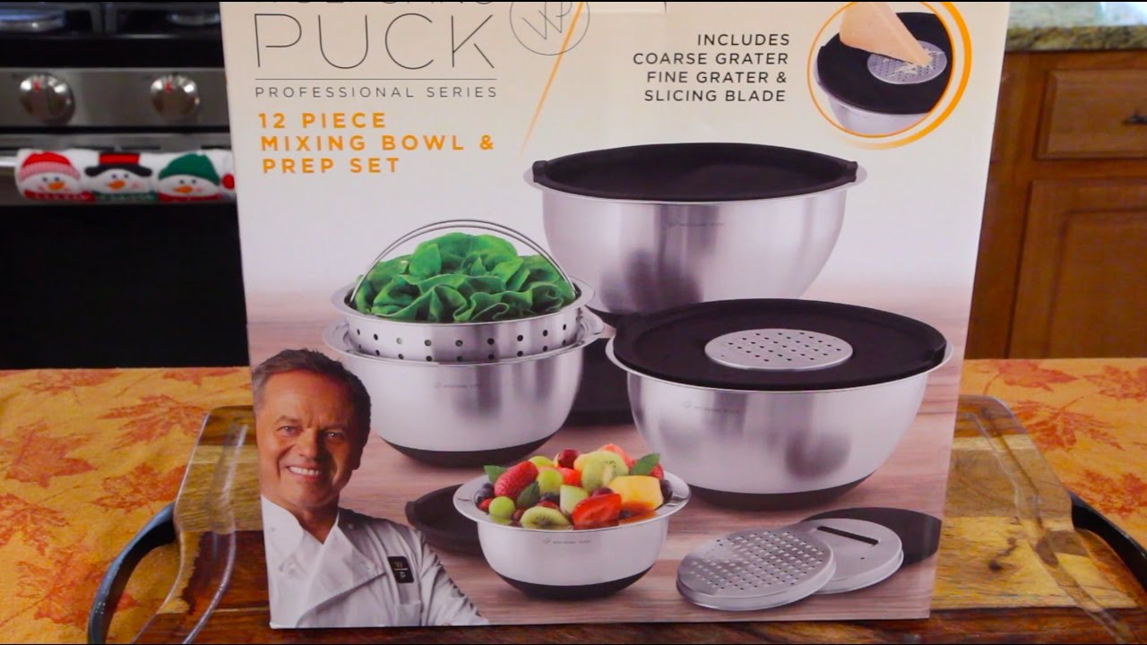  Wolfgang Puck 12-Piece Stainless Steel Mixing Bowl Set,  Silicone Grip Bottom, Multifunction Lid with 3 Interchangeable Blades, Oven  Safe, Easy-Store Nesting Design, Colander, 4 Bowls with Lids: Home & Kitchen