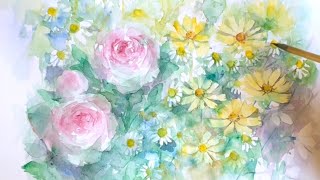 水彩画]初夏の花を描く/watercolorpainting /制作過程/バラ - YouTube
