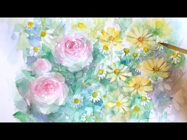 水彩画]初夏の花を描く/watercolorpainting /制作過程/バラ - YouTube