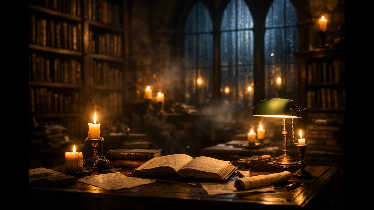 Nightbound Athenaeum — The Upper Study, Rainy | Dark Academia Ambience (57 Minutes)