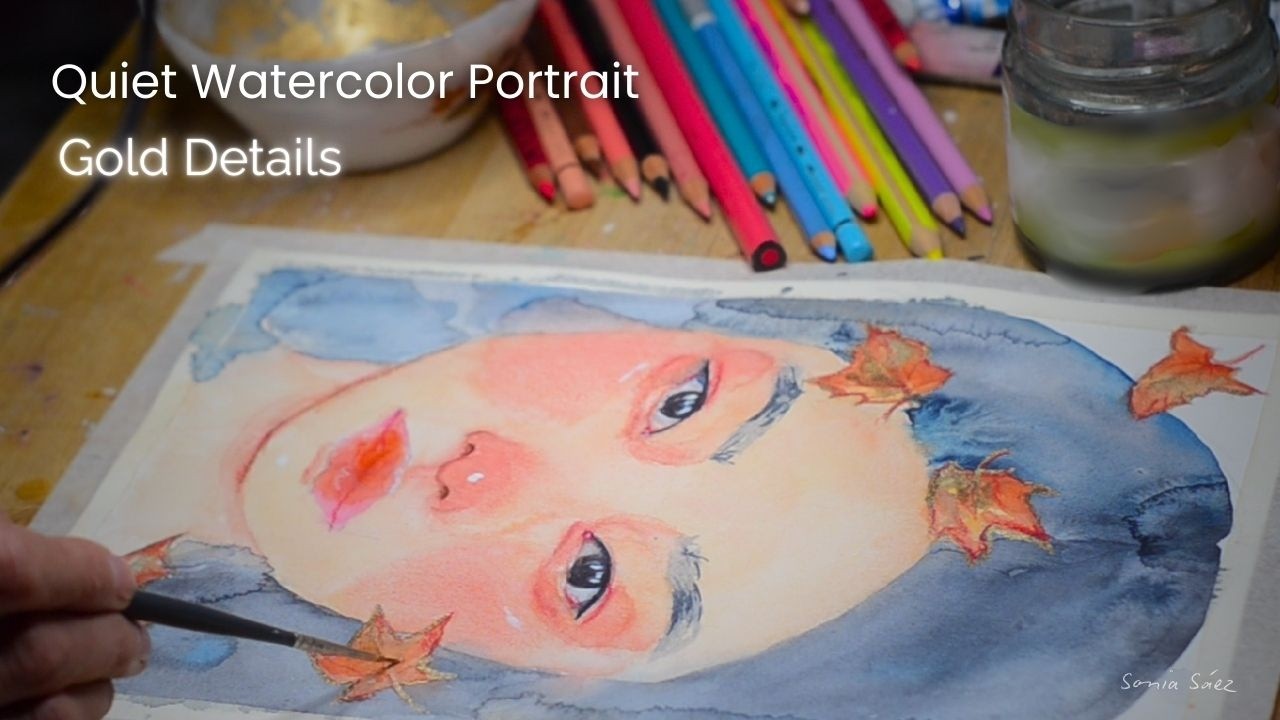 Retrato otoñal en acuarela con detalles dorados | Autumn Watercolor Portrait with Gold Details