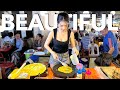 Street food queen  cute overloaded people wait for rice egg  the most beautiful lady in lao food