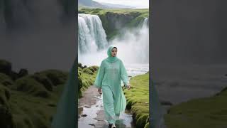 Stunning Girl In Abaya Walking In Front Of Waterfall