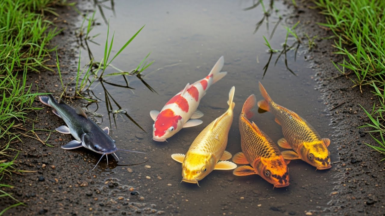 Hunting Big Koi Fish Upstream River Flow | Rare Ornamental Fish Discovery With Giant Catfish