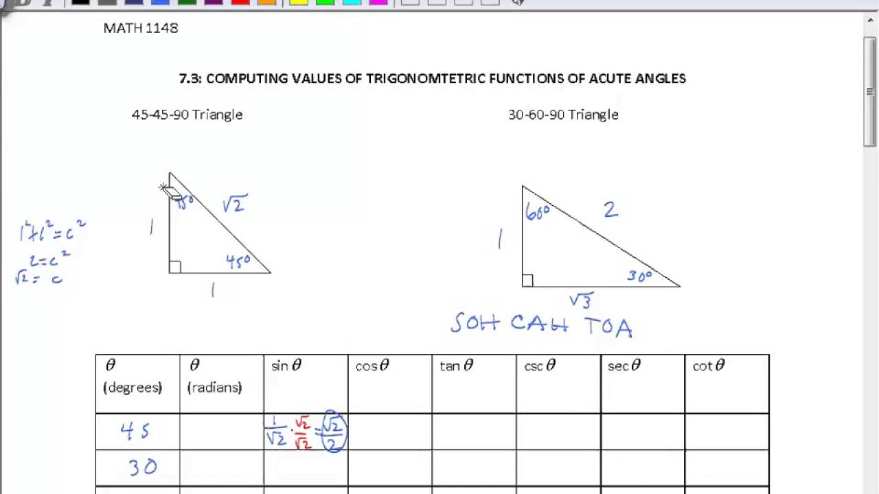 Computing Values of Trigonometric Functions of Acute Angles Intro
