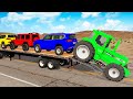 Flatbed Trailer McQueen Transportation with Truck - Speedbumps vs Cars vs Train - BeamNG.Drive #313