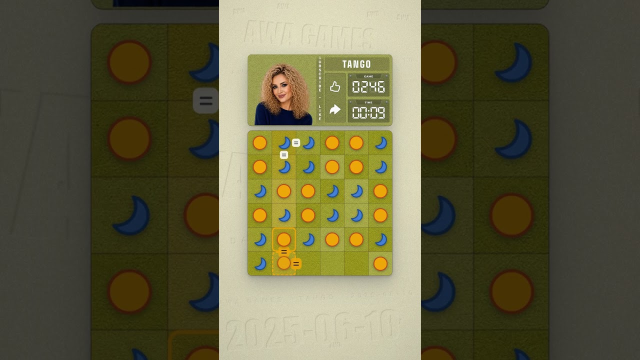 LinkedIn Tango #246 solved board for June 10, 2025, 6x6 grid